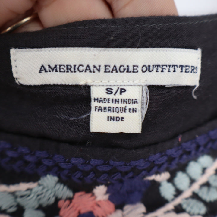 American Eagle Black Floral Embroidered Peasant Blouse Square Neck Small