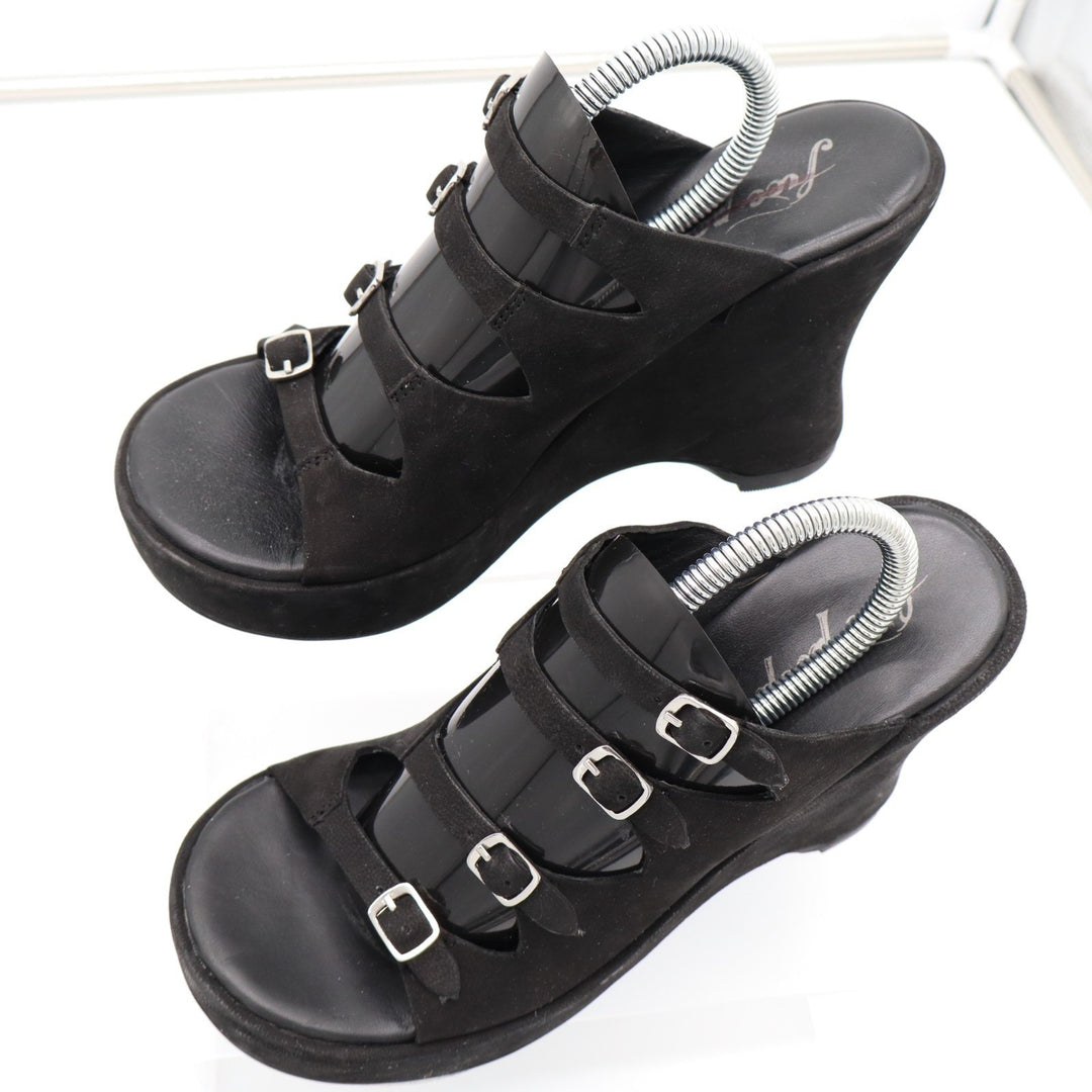 Free People Huffman Strappy Womens EU 37 Black Suede Buckle Slip On Wedge Sandal