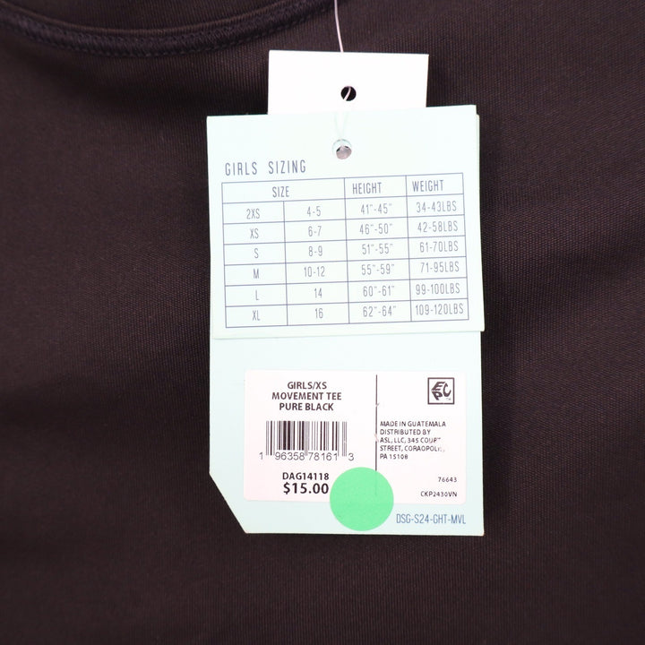 DSG Girls Movement Tee Pure Black Short Sleeve Athletic Shirt XS 6-7
