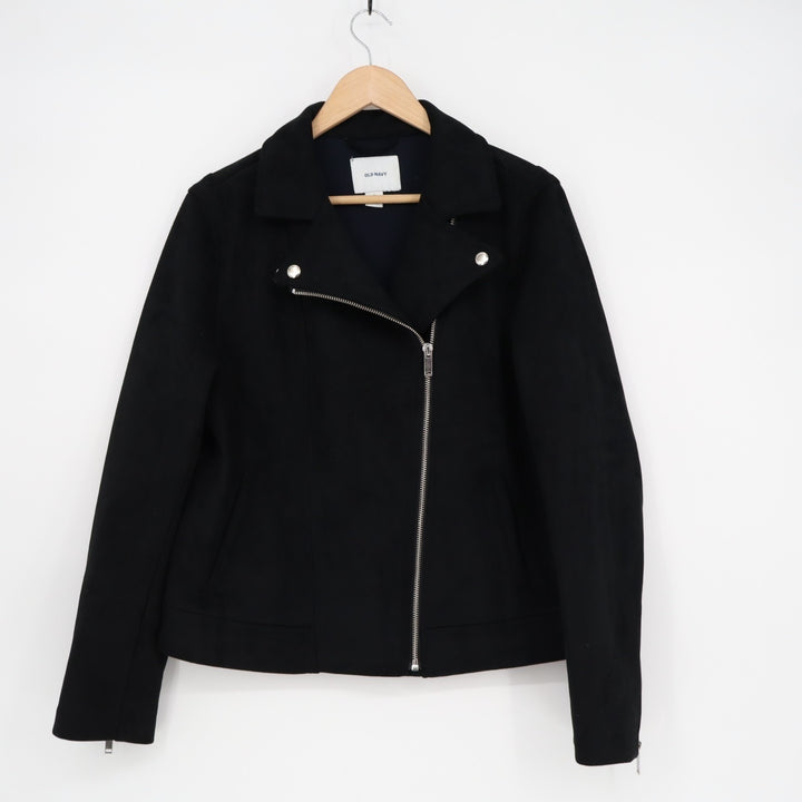 Old Navy Moto Jacket Womens Medium Black Stretch Asymmetrical Zip Spread Collar