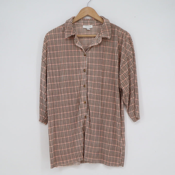 Topshop Womens Brown Orange Grid Check Plisse Button Up Shirt Size US 4-6