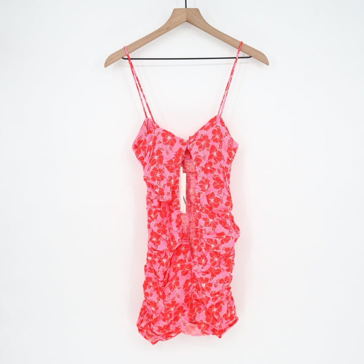 Zara Mini Dress Womens XS Pink Floral Draped Sleeveless Summer Trendy Ruched