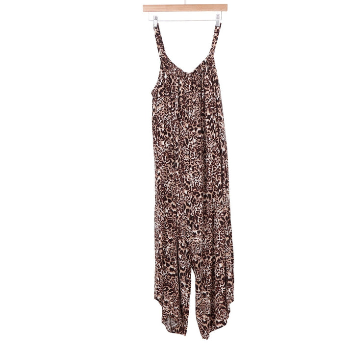 Glamour Brown Leopard Print Hanky Hem Wide Leg Jumpsuit 2X Sleeveless Rayon