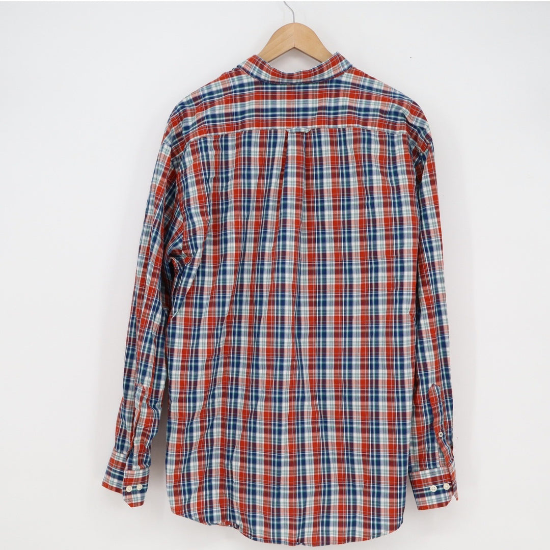IZOD Premium Essentials Mens XL Plaid Button Down Shirt Red White Blue Cotton