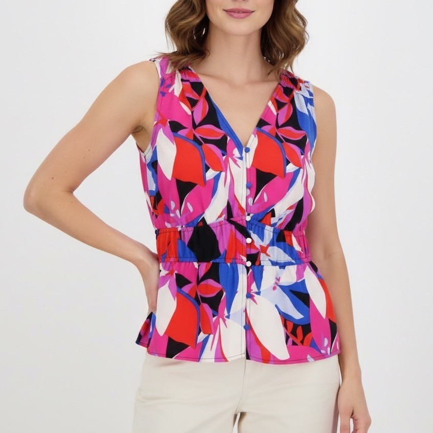 Nine West Sleeveless V Neck Peplum Top Floral Print Pink Blue Women's Size S