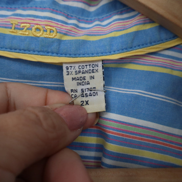 Izod Womens 2X Blue Pink Yellow Striped 3/4 Sleeve Button Front Shirt Stretch