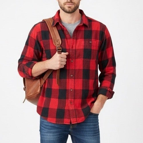 Blue Mountain Flannel Shirt Mens Red Check Long Sleeve Spread Collar Button Up