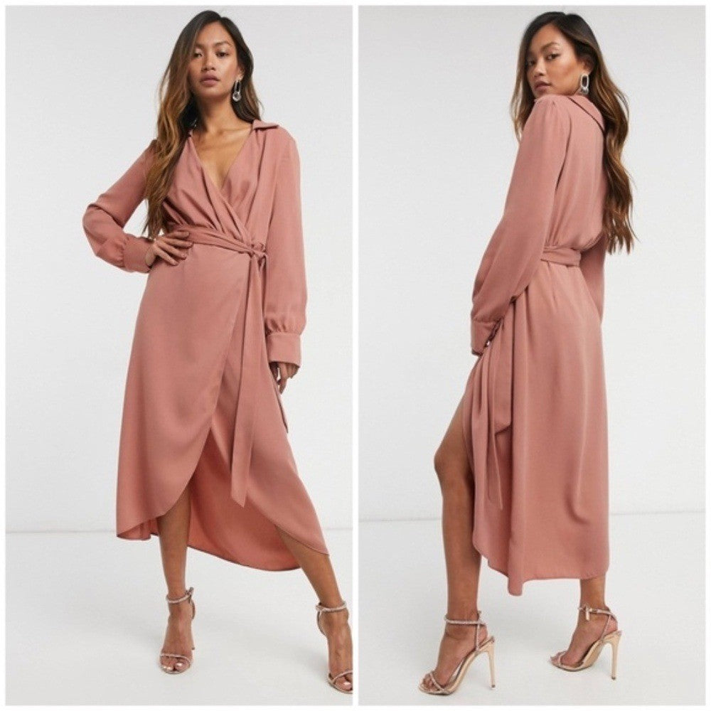 Asos Design Collared Wrap Midi Dress With Tie Belt Size 2