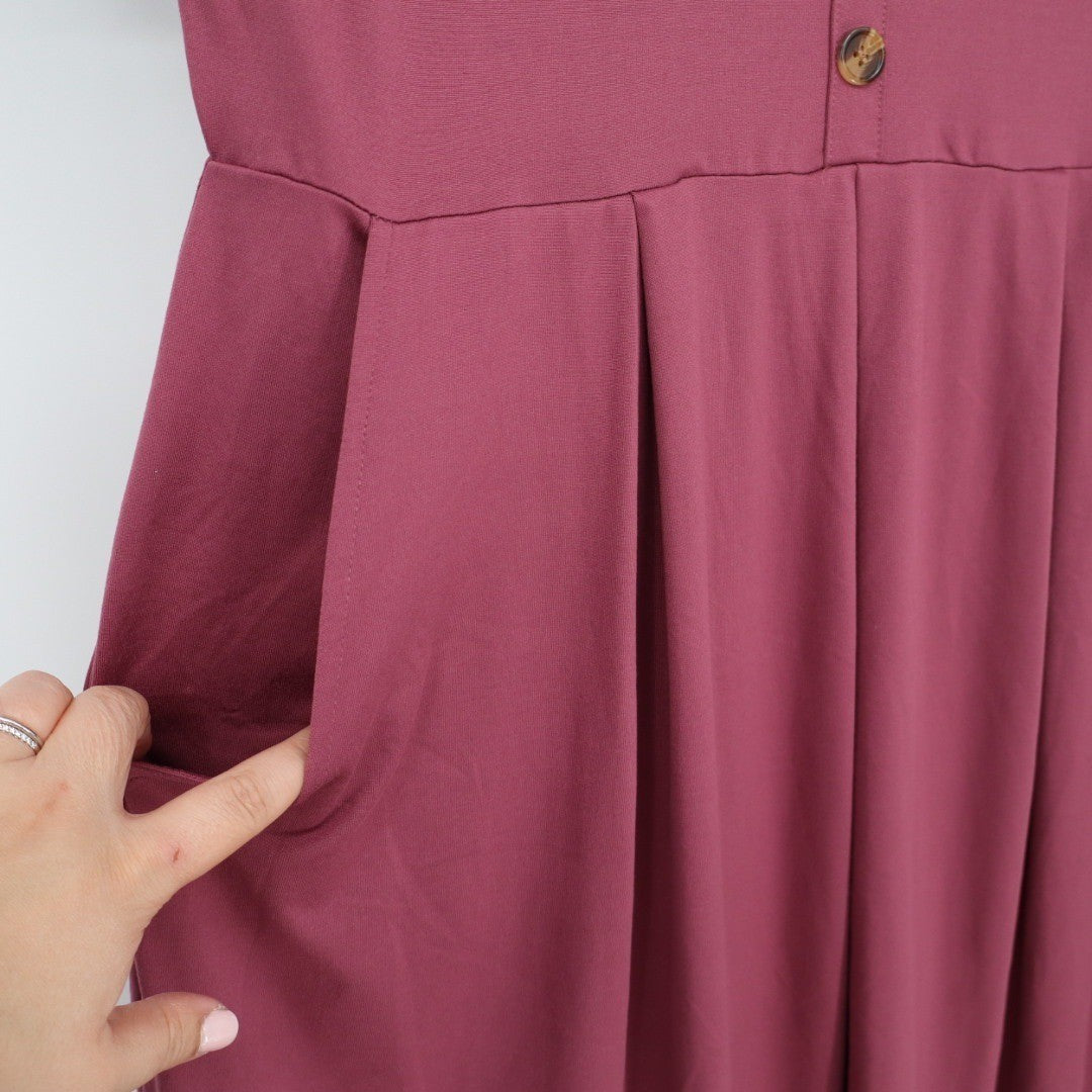 Womens Plus Size XL Mauve Pink Button Front Short Sleeve Midi Dress Pockets