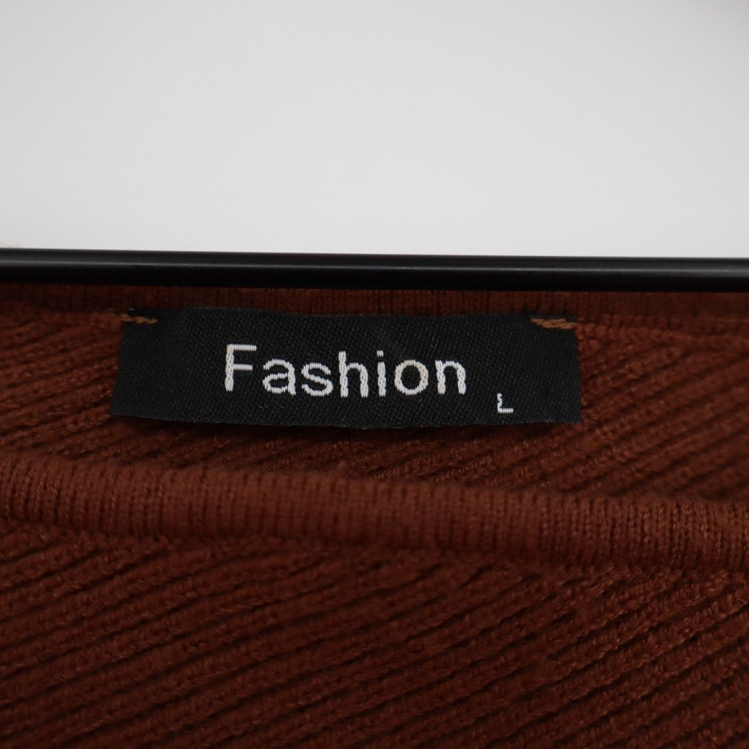 Fashion Sweater Womens Large Brown Knit Boat Neck Ribbed Dolman Sleeve Pullover