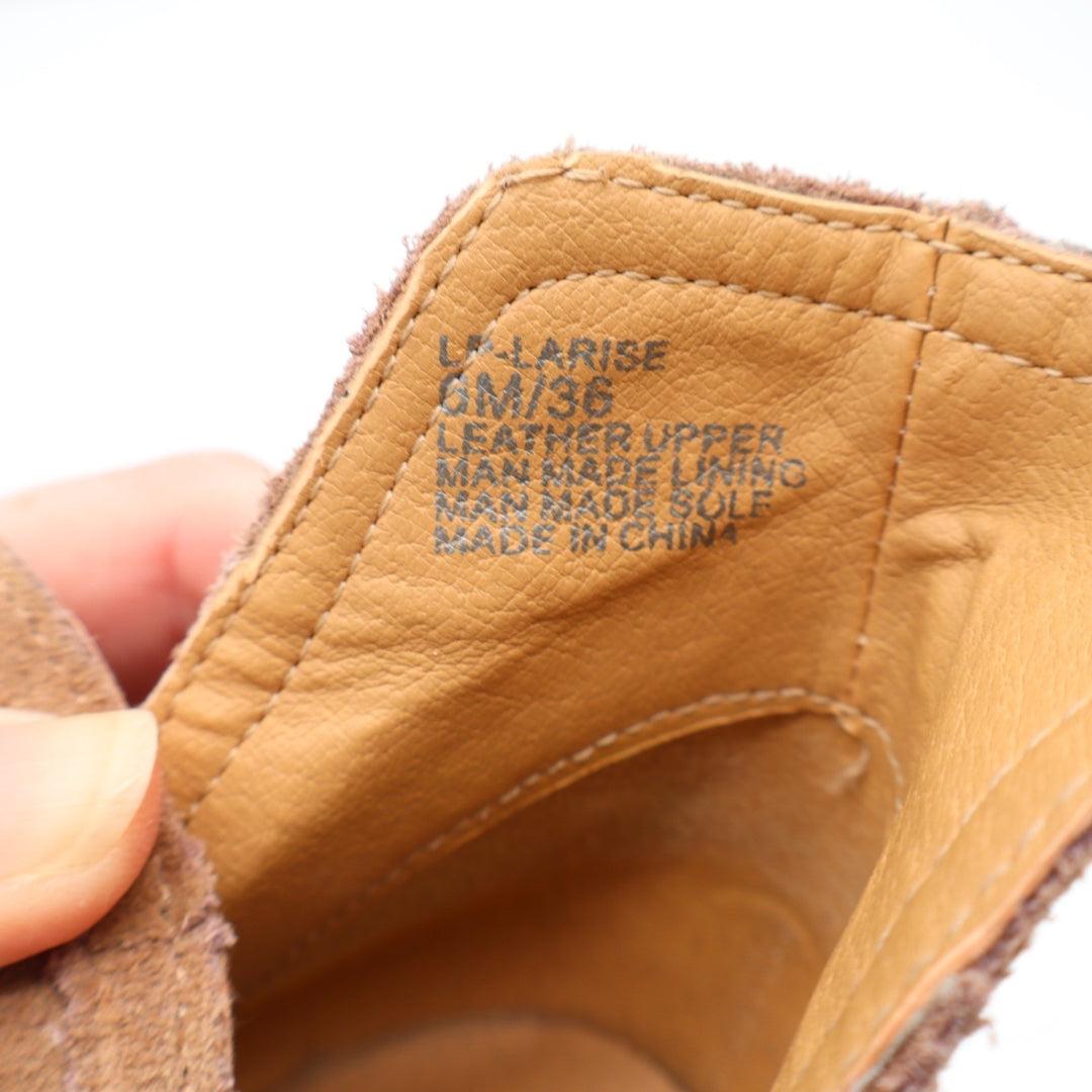 Lucky Brand Larise Tan Perforated Suede Peep Toe Booties Stacked Heel Size 6M