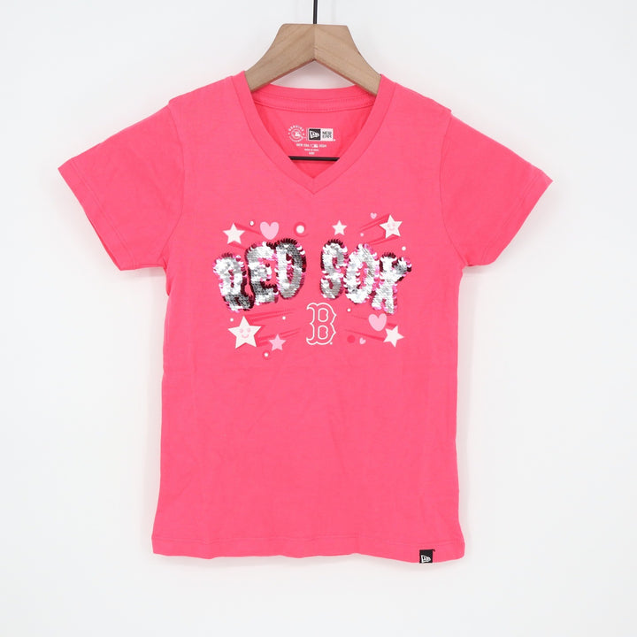 New Era Girls Boston Red Sox Pink Sequin V-Neck T-Shirt Size 6/6X MLB NEW