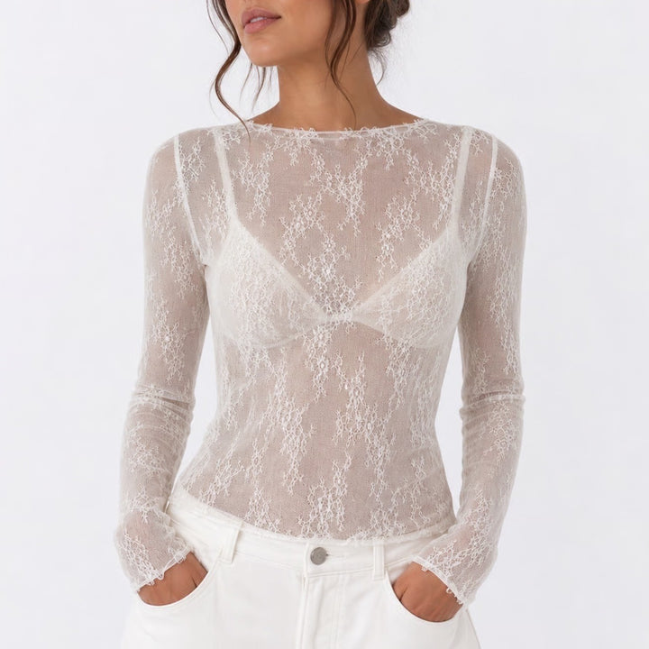 White Floral Lace Sheer Long Sleeve Mesh Top Slim Fit Crew Neck Size L