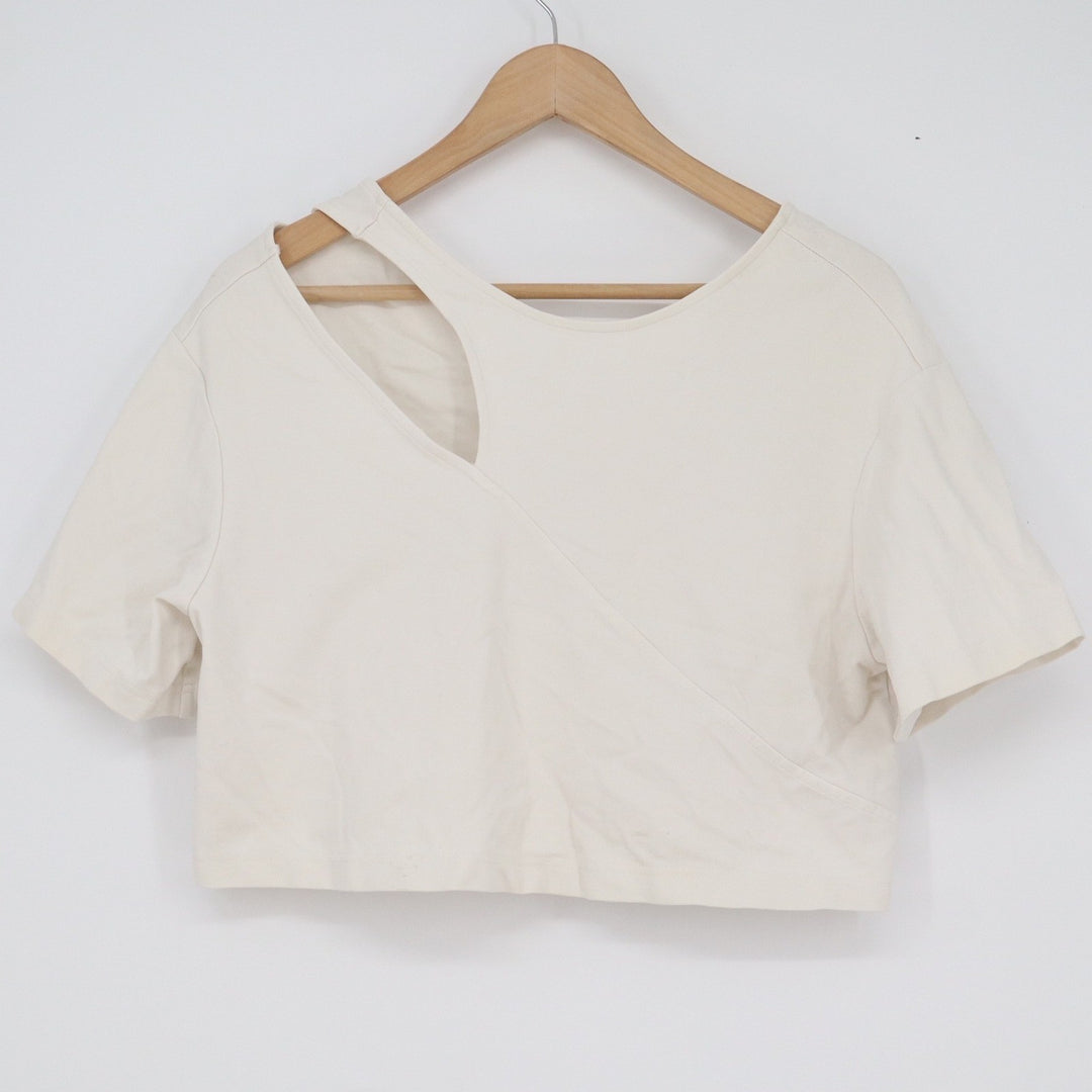 Izzue Cream Asymmetric Cutout Crop Top Short Sleeve Minimalist Size S