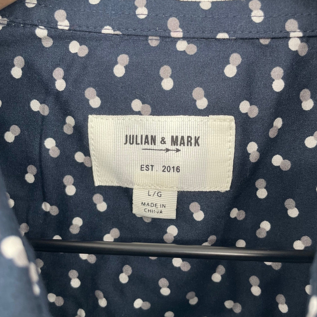 JULIAN & MARK Mens L G Button Down Shirt Navy Blue White Dot Print Long Sleeve