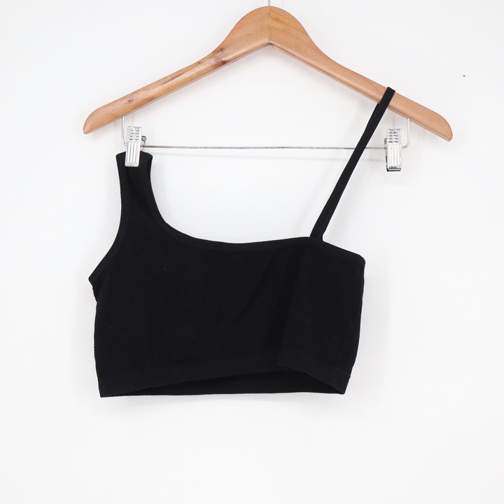 Black Asymmetrical Ribbed One Shoulder Crop Top Tank Bralette Medium