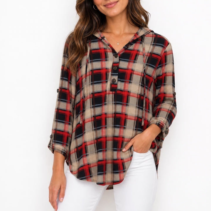 Eden & Olivia Red Plaid Henley Hoodie 3/4 Roll Tab Sleeve Top Womens Large