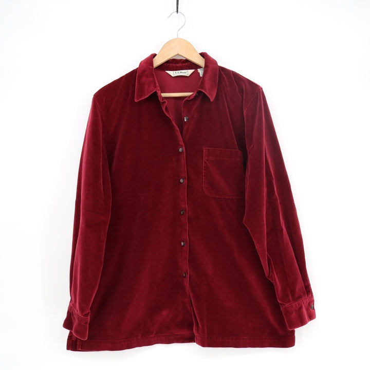 L.L. Bean Velvet Shirt Womens Medium Maroon Cotton Side Slits Button Up Top