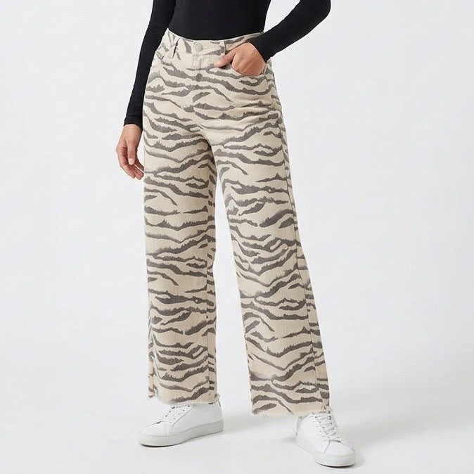 Jeans Womens Medium Beige Black Denim Tiger Print Frayed Hem High Rise Wide Leg