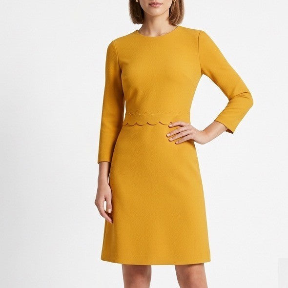 Banana Republic Fit & Flare Dress Womens 0 Yellow Stretch Scalloped 3/4 Sleeve