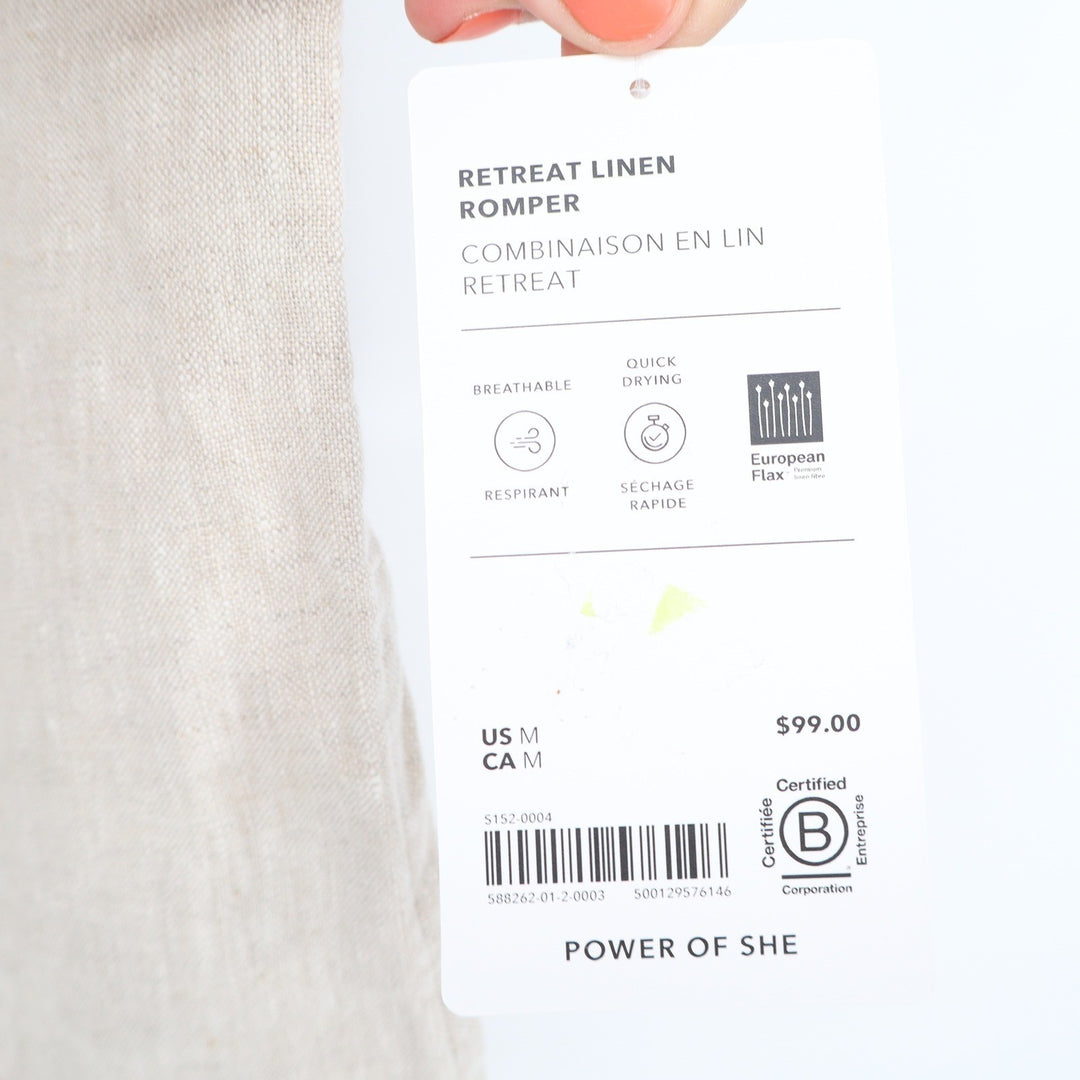 Athleta Retreat Linen Romper Oatmeal Beige V-Neck Sleeveless Pockets M