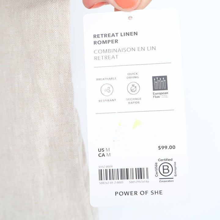 Athleta Retreat Linen Romper Oatmeal Beige V-Neck Sleeveless Pockets M