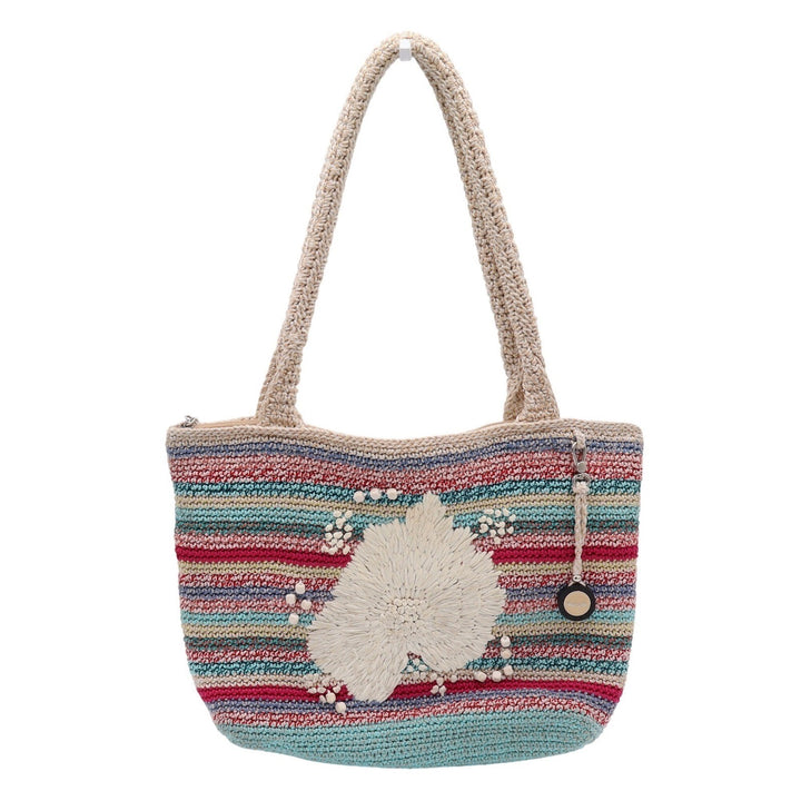 The Sak Crochet Tote Bag Multicolor Striped Floral Applique Shoulder Bag