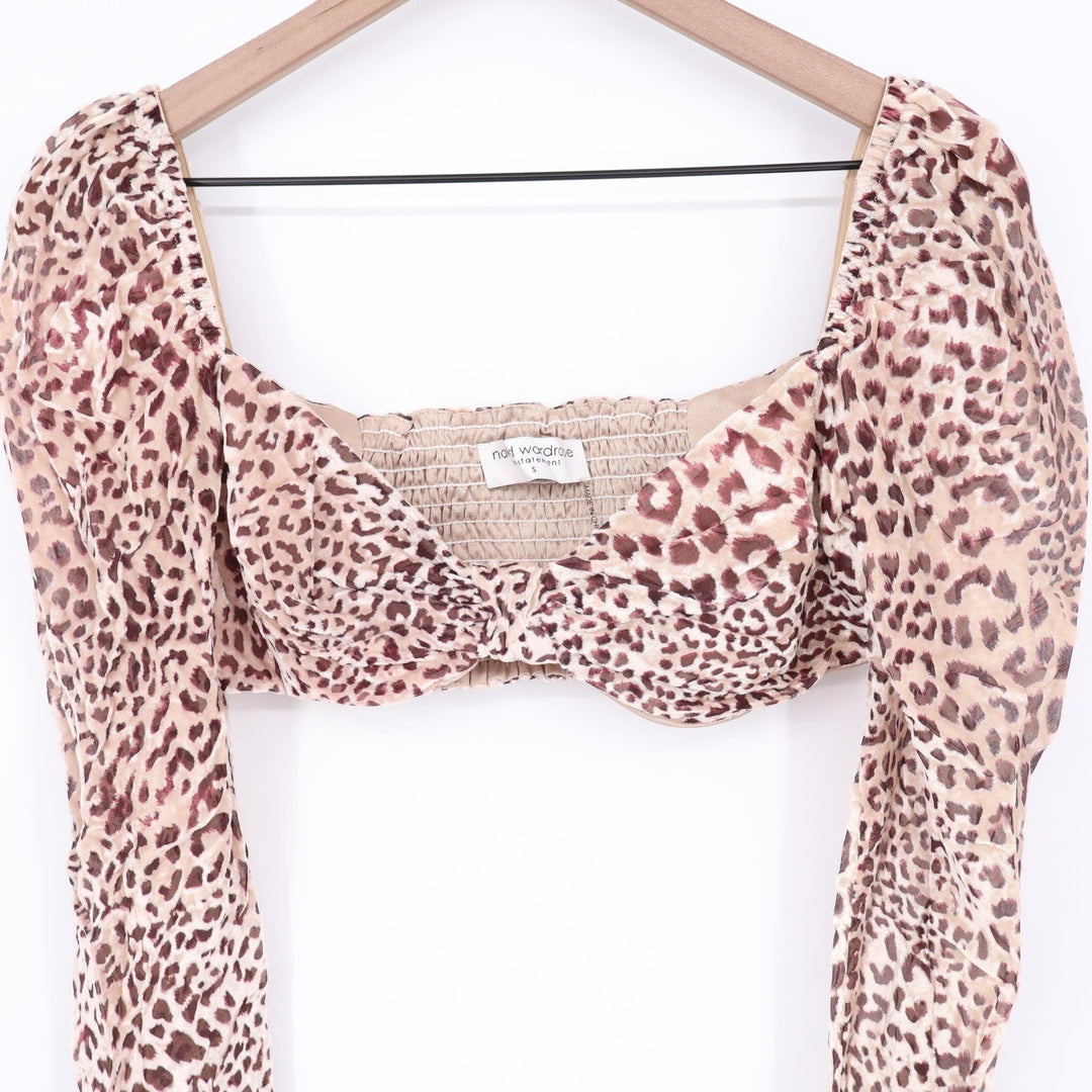 Naked Wardrobe Leopard Print Crop Top Sweetheart Smocked Back Medium