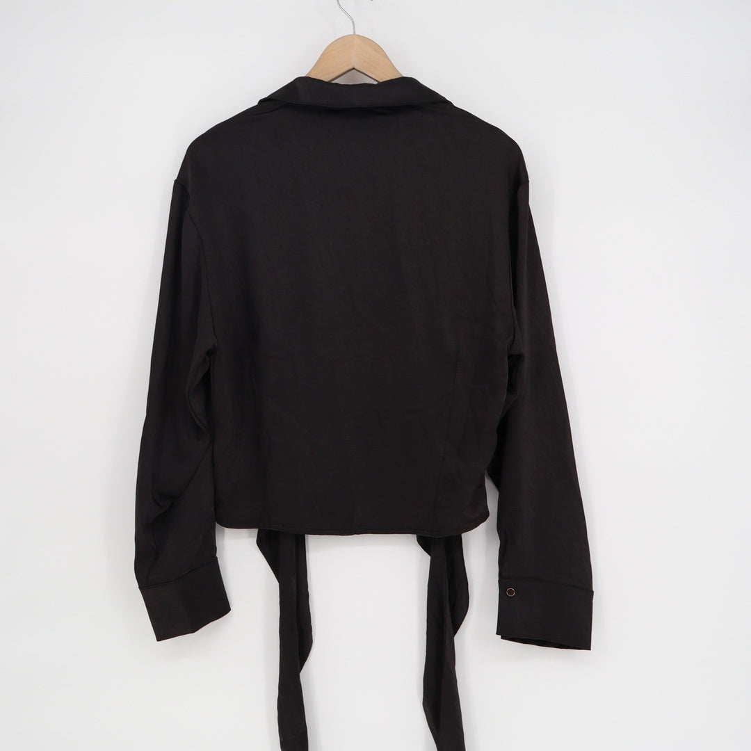 Aakaa Black Long Sleeve Tie Front Collared Crop Top Size Large