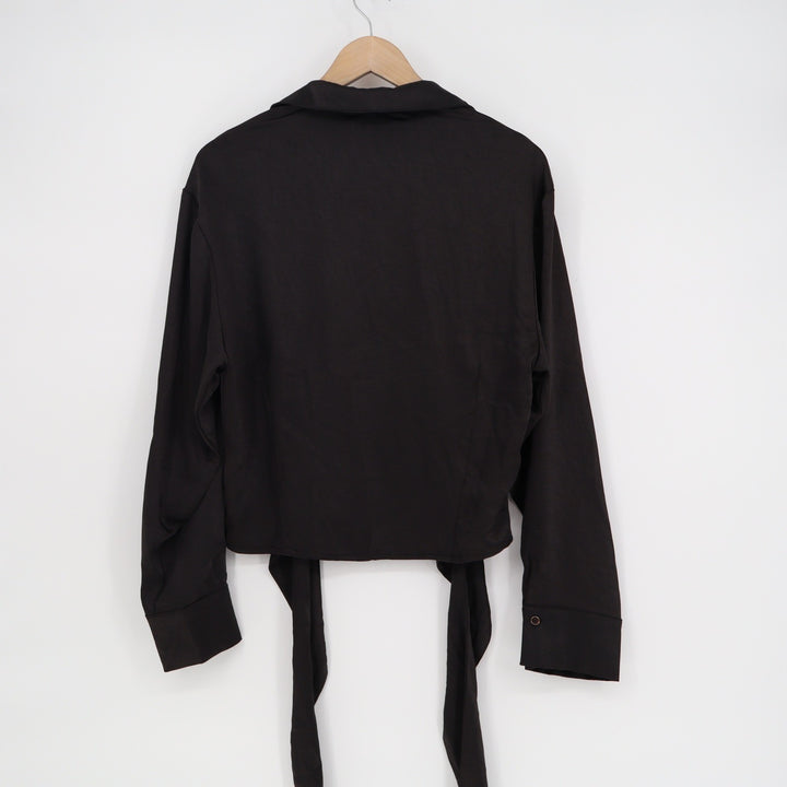 Aakaa Black Long Sleeve Tie Front Collared Crop Top Size Large