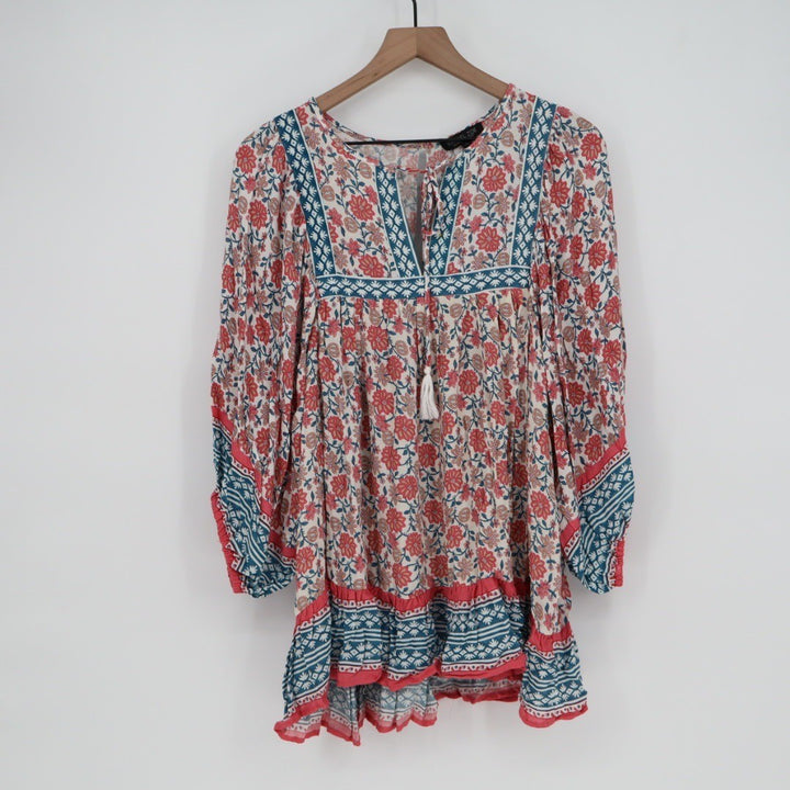 Rachel Zoe Boho Floral Tunic Dress Tassel Tie V Neck Viscose Size M