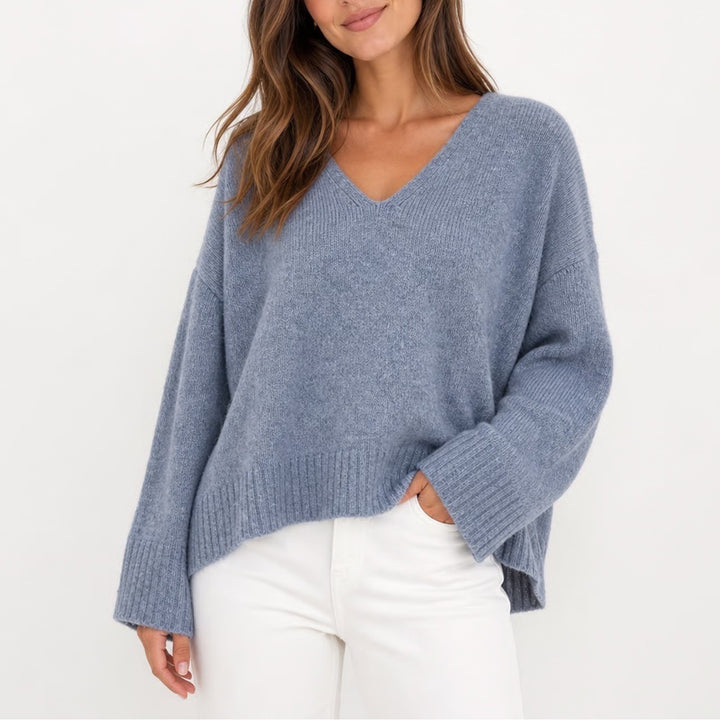 For the Republic Blue Heather V-Neck Oversized Knit Sweater Small 10467