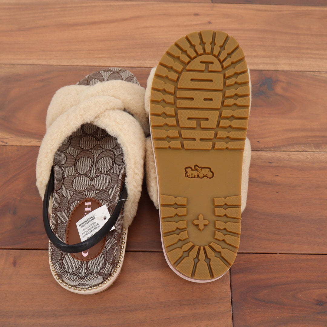 Coach Tally Shearling Sandal Natural Signature Monogram Size 8