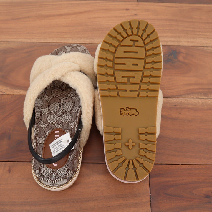 Coach Tally Shearling Sandal Natural Signature Monogram Size 8