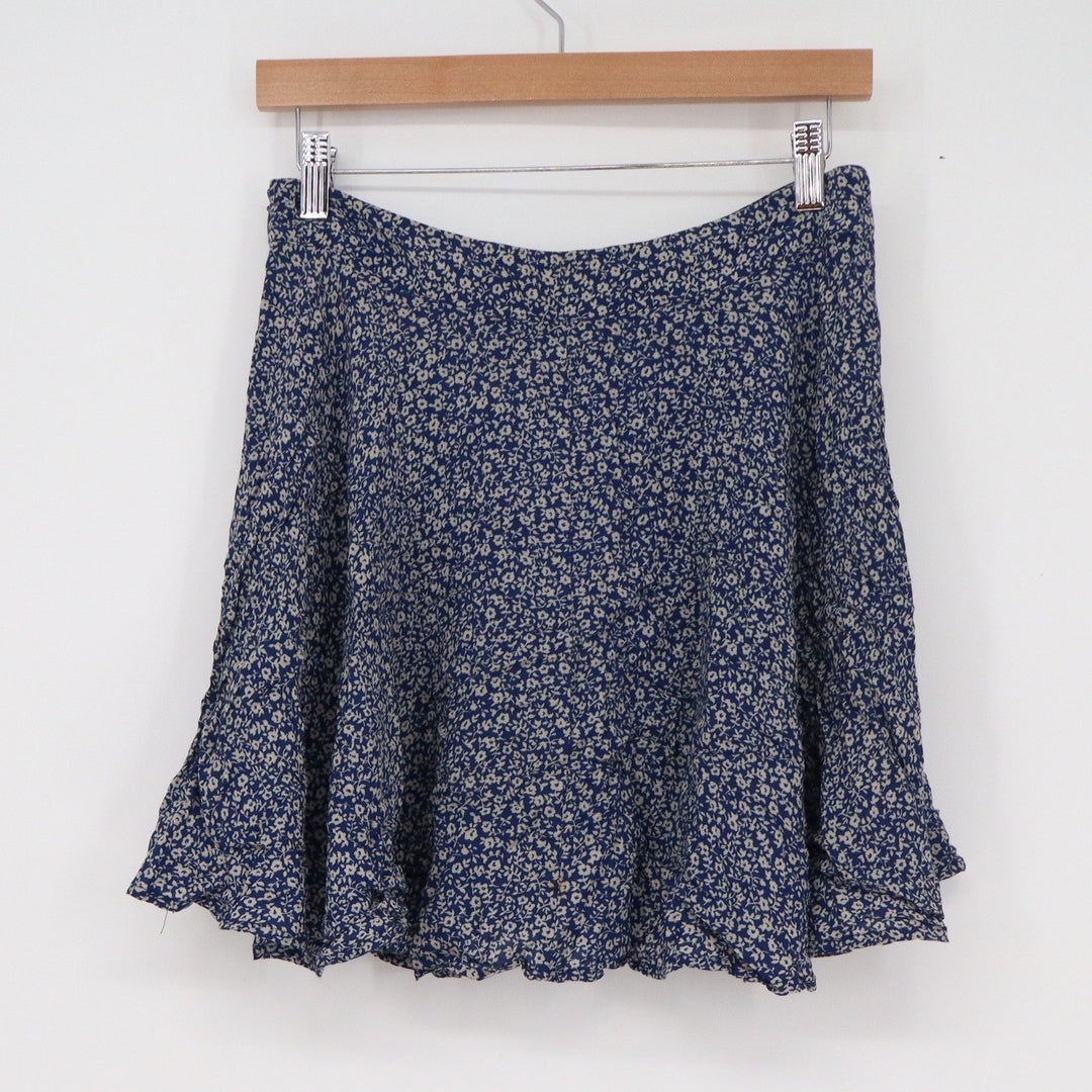 Forever 21 Navy Blue Ditsy Floral Rayon A-Line Mini Skirt Ruffle Hem Womens L