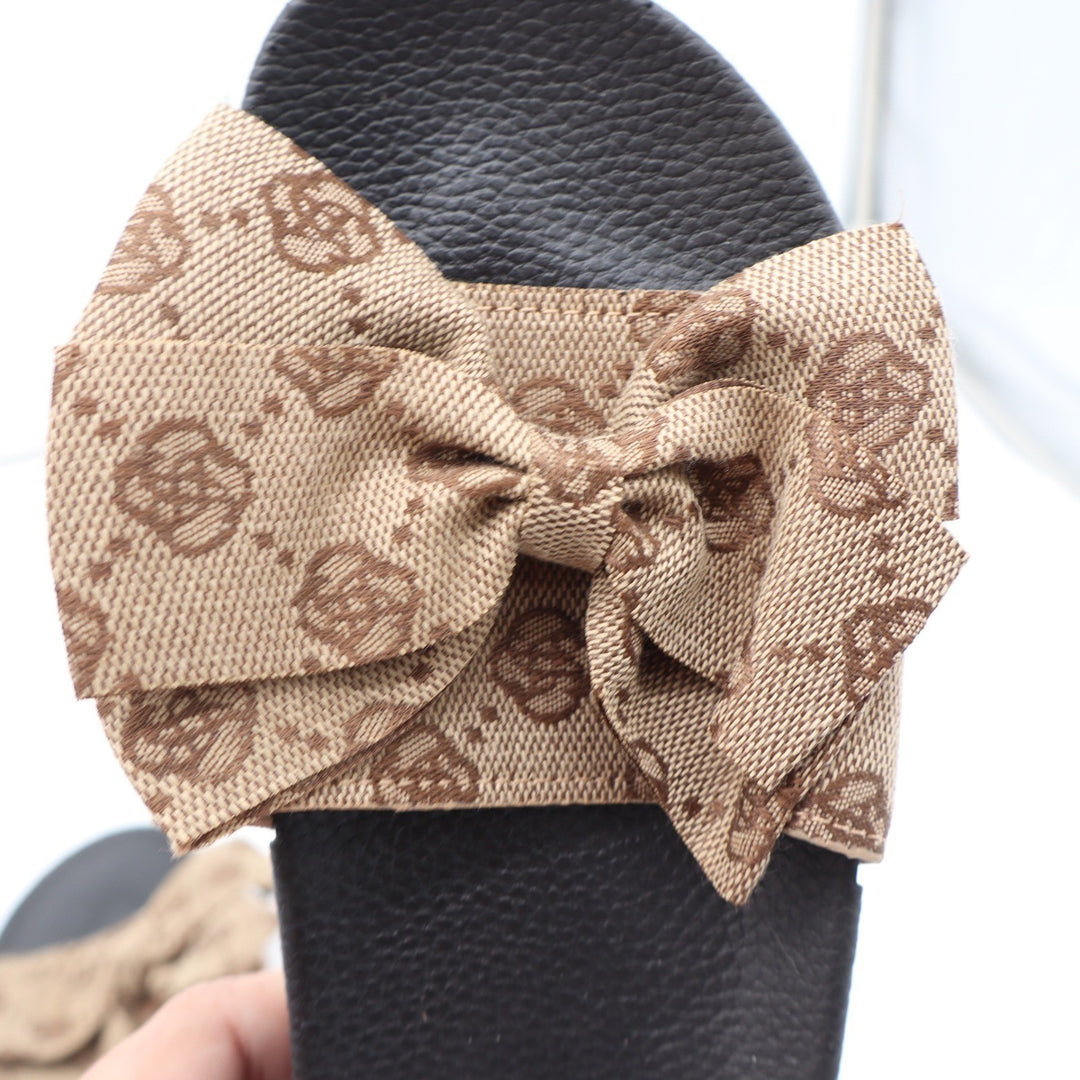 Womens Monogram Floral Bow Slide Sandals Brown Tan Black Size 36