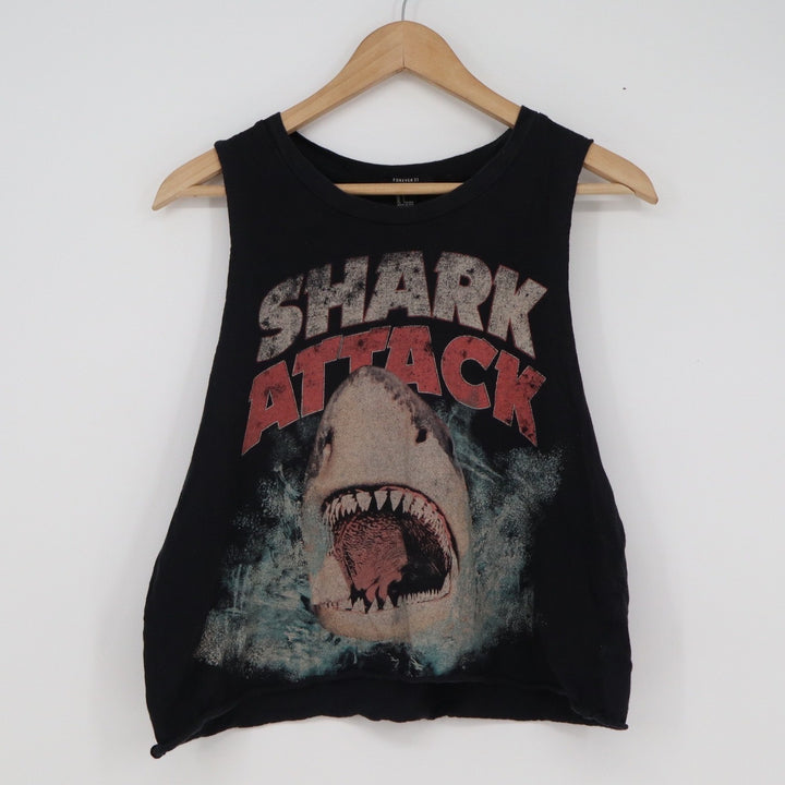 Forever 21 Shark Attack Graphic Muscle Tank Top Black Large Raw Hem Cropped