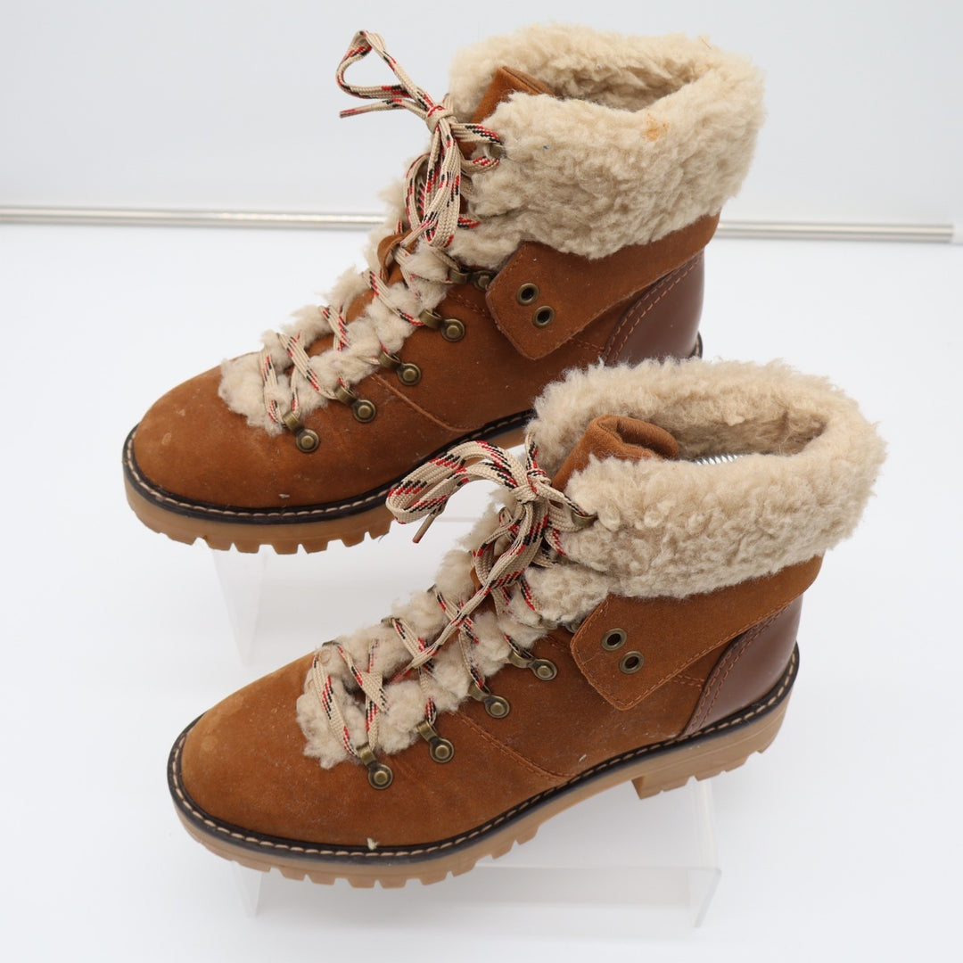 Time And Tru Womens US 8.5 Brown Leather Faux Fur Collar Ankle Cozy Hiking Boots