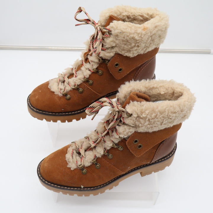 Time And Tru Womens US 8.5 Brown Leather Faux Fur Collar Ankle Cozy Hiking Boots