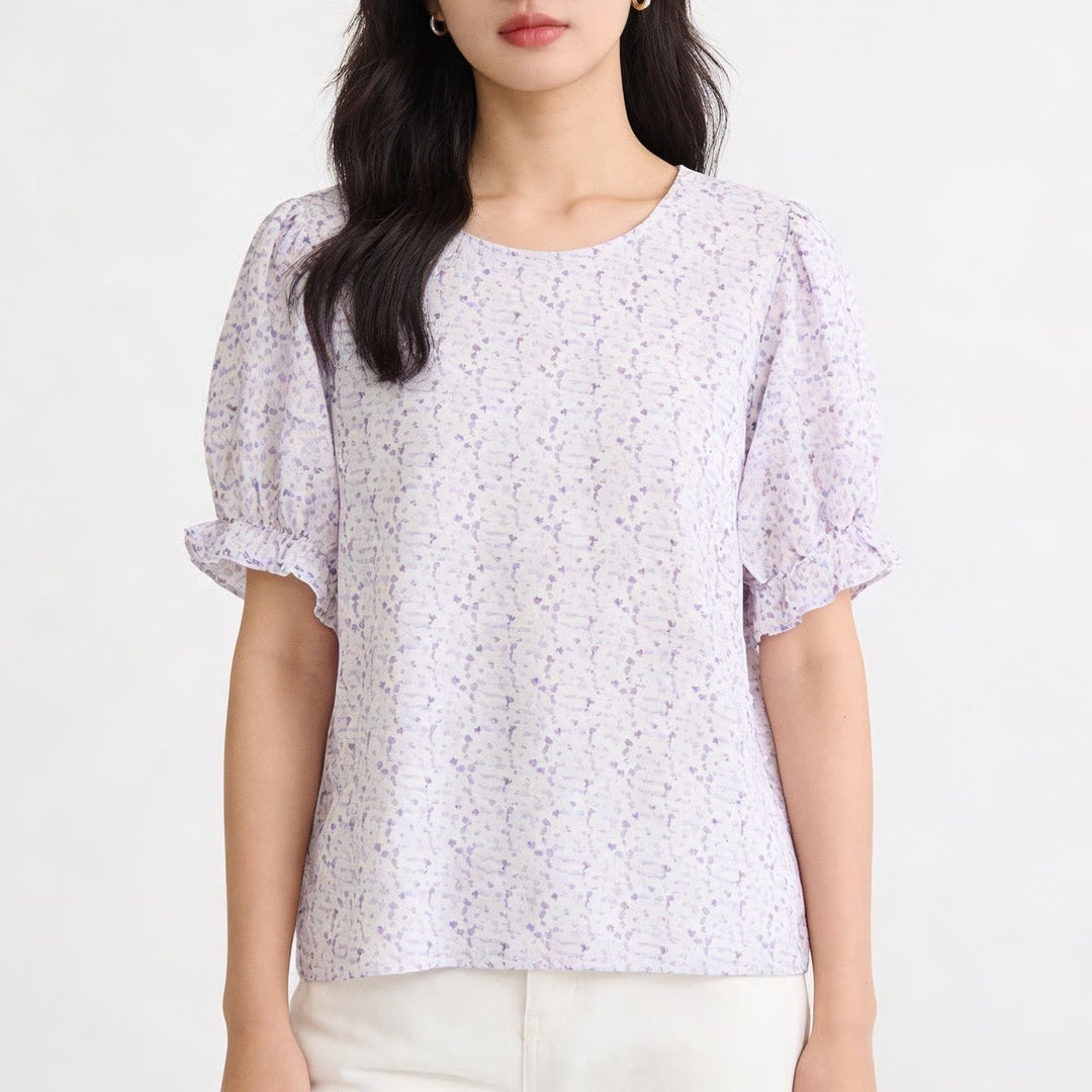 Blouse Womens 2XL White Floral Print Ruffle Short Sleeve Round Neck Pullover