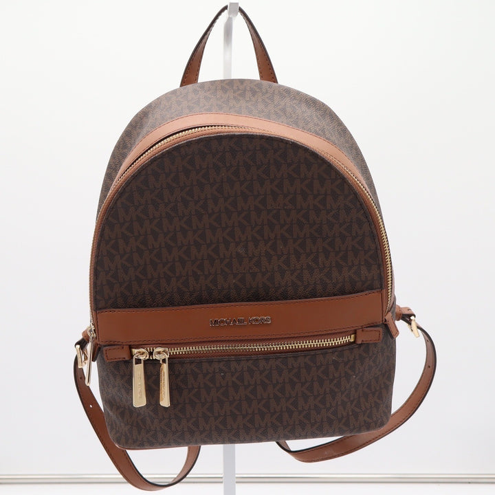 Michael Kors Abbey Medium Backpack Brown Signature Logo MK Gold Hardware Bag