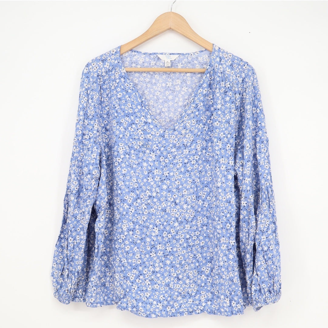 Time and Tru Blue Floral V-Neck Peasant Blouse XL 16-18 Long Sleeve Viscose Top