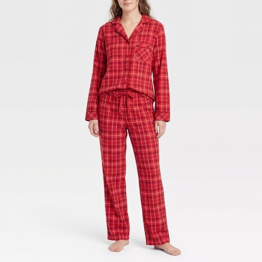 Charter Club Flannel 2-PC Pajamas Set Womens XS Red Plaid Cotton Lapel Collar