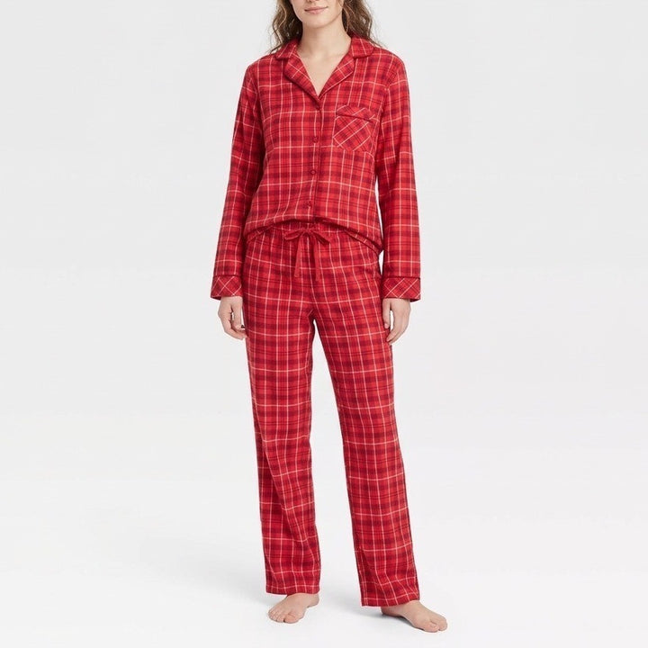 Charter Club Flannel 2-PC Pajamas Set Womens XS Red Plaid Cotton Lapel Collar