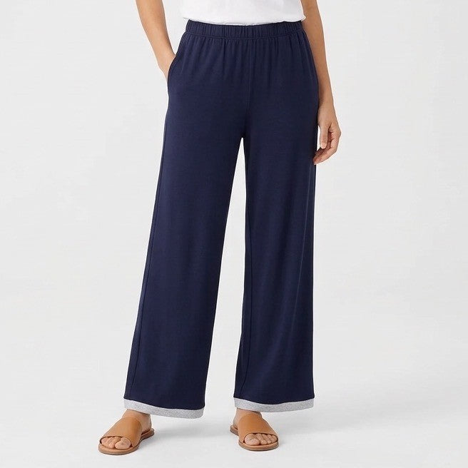 Trousers Womens Medium Navy Cotton Stretch Slash Pockets Elastic Waist Wide Leg