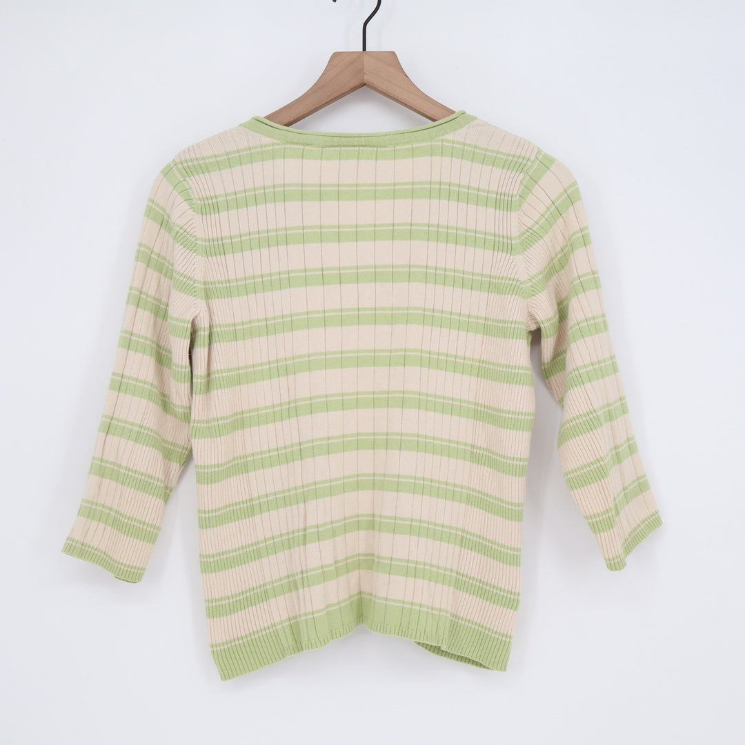 First Issue Sweater Womens Small Henley V-Neck Green Striped Ribbed Good
