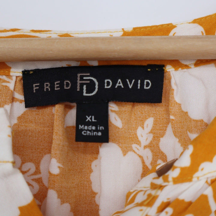 Fred David Womens XL Mustard Yellow White Floral Button Split Neck Blouse