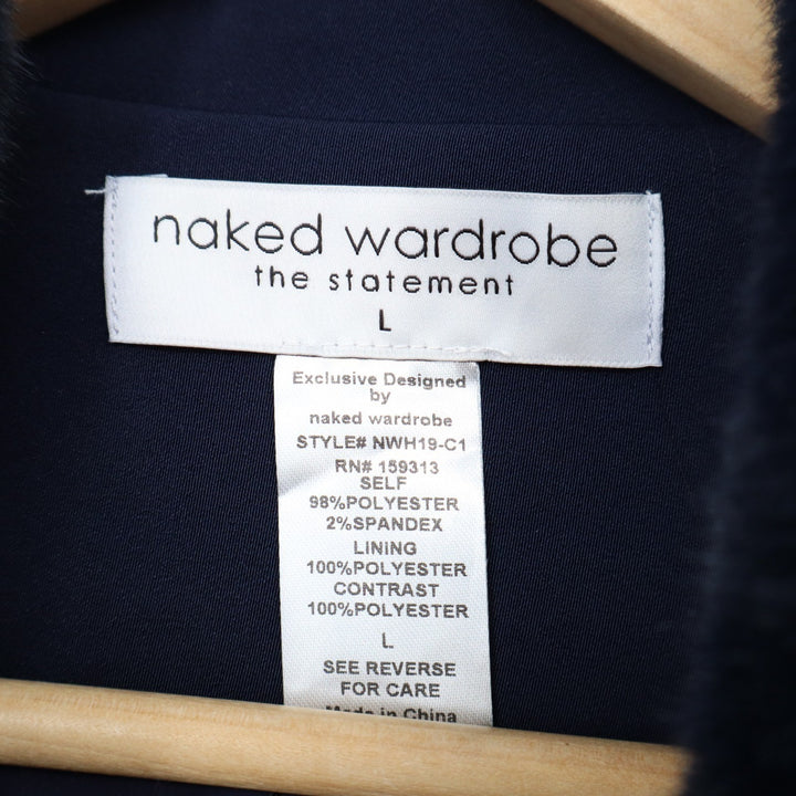 Naked Wardrobe The Statement Trench Coat Womens L Navy Stretch Fur Shawl Collar