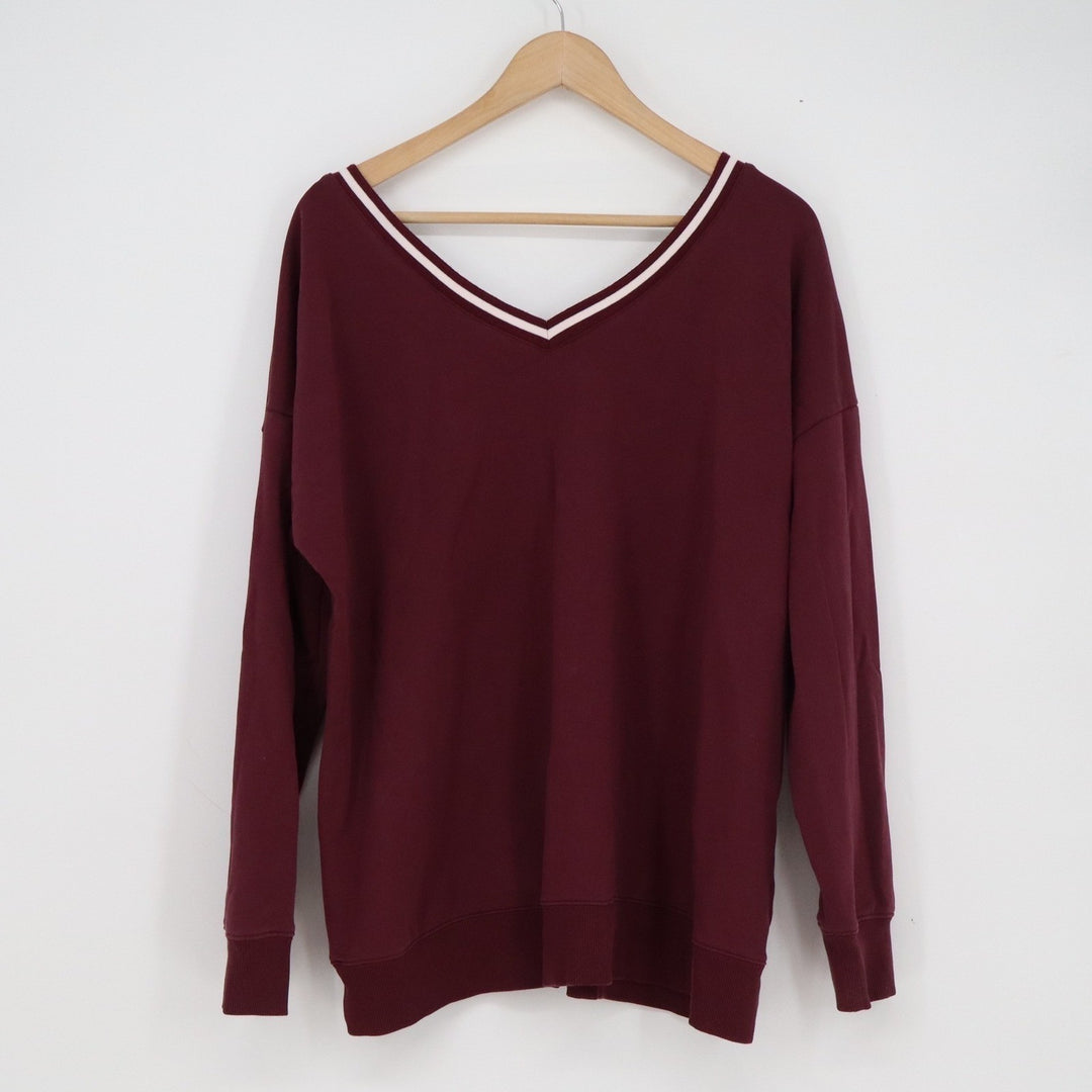 We Wander Burgundy V-Neck Striped Trim Fleece Pullover Sweatshirt 1X
