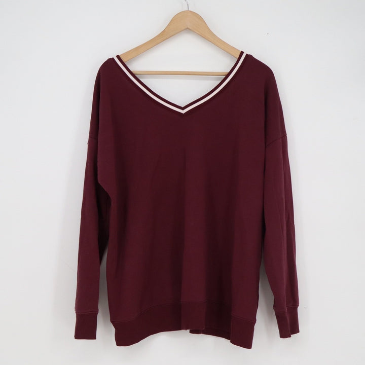 We Wander Burgundy V-Neck Striped Trim Fleece Pullover Sweatshirt 1X